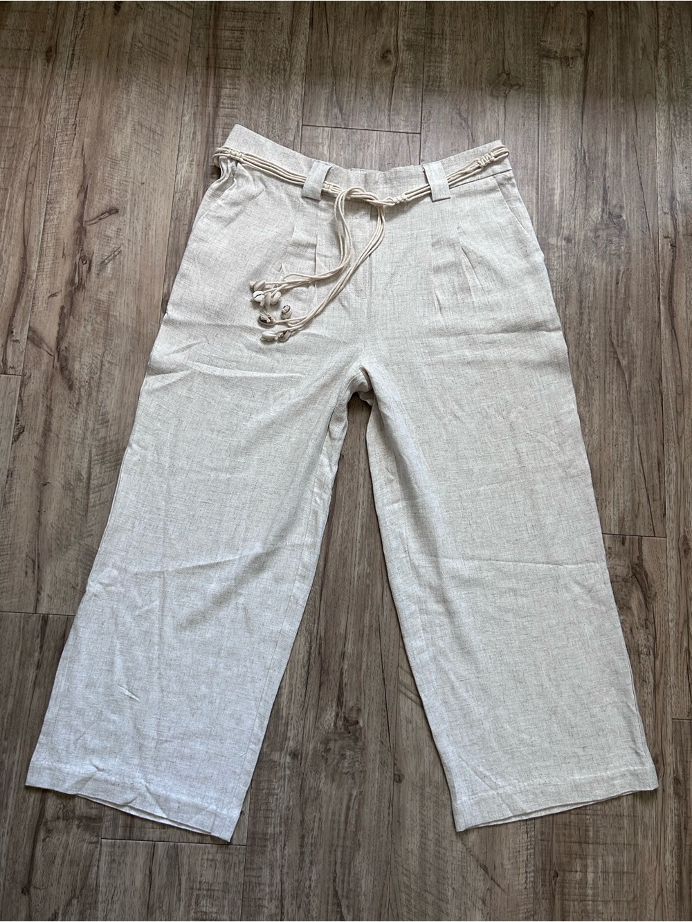 Cream Linen-Blend Wide Leg pleated cropped Pants with Tie shell Belt summer